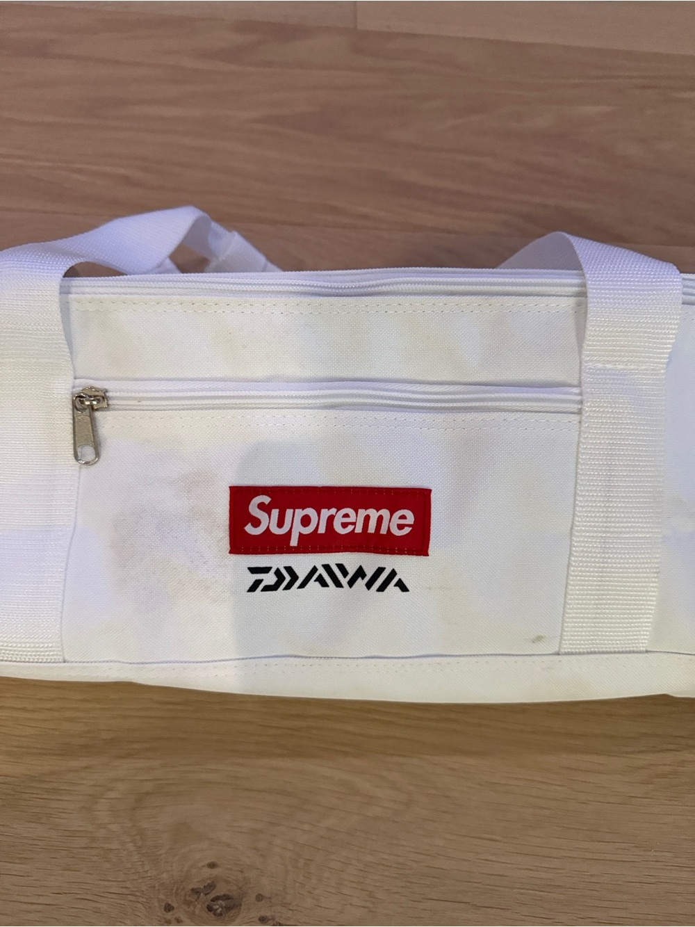 Supreme White Canvas Duffel with Red Logo
